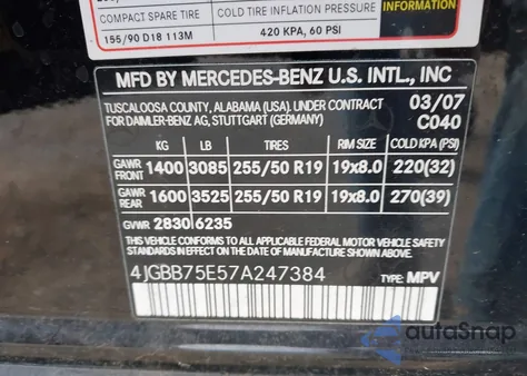 2007 Mercedes-Benz Ml 500 4Matic from USA, damaged, VIN 4JGBB75E57A247384